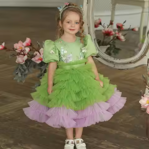 Jill Wish J174 Elegant Sage Green Tulle Girl Dress 3D Flowers knee Length Arabic for Princess Birthd