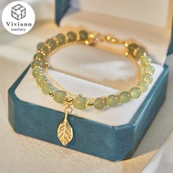 Viviann Original Gold Branch Jade Leaf Double Chain Hetian Jade Bracelet Light Luxury 925 Sterling Silver 8mm Jade Beads Green Jade Chalcedony Bracelet For women Fine Jewelry Charm Gifts Women Bangle