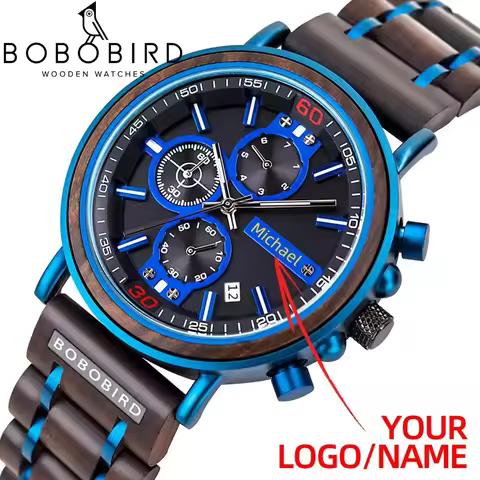 Customize logo Name Men Wood Watches BOBO BIRD Fashion Calendar Stopwatch Personalized Quartz WristW