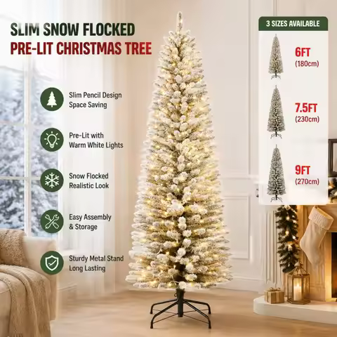 Slim Christmas Tree with Warm Lights Snow Flocked Artificial Xmas Tree 6ft 7.5ft 9ft Pre Lit Pencil 