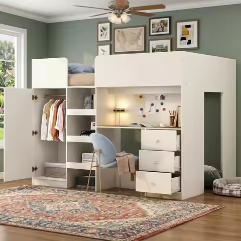 Full Loft Bed with Desk Wardrobe Storage Shelves Drawers Wood Frame Bedroom Furniture Beige Custom