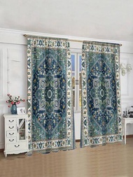 1套2件，波希米亞藝術傳統農舍摩洛哥幾何數字印刷掛杆口袋窗簾，客廳窗簾裝飾，適用於客廳家具