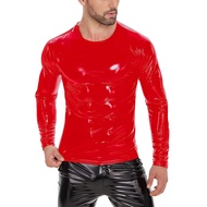Men Sexy Leather T-Shirt, Plus Size S-7XL, Glossy PVC Leather, Full Zipper, Shiny Latex Long Sleeve 