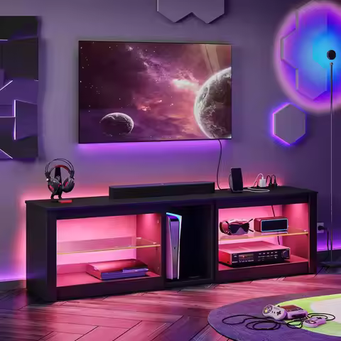70in LED TV Stand with Power Outlets Glass Shelves Gaming Console Storage Living Room 63in Black Cus