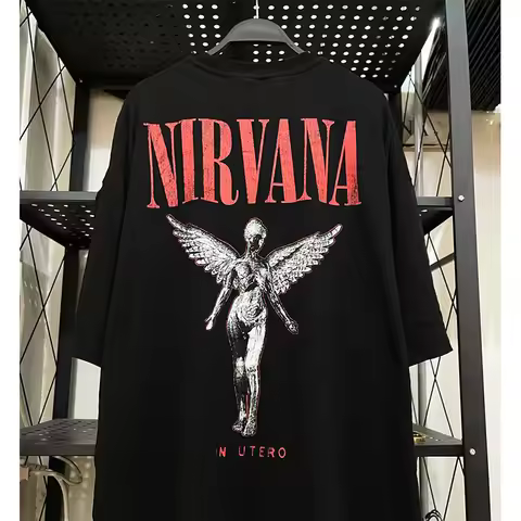 Rock Band Nirvana Print Men's 100%Cotton Shirt Y2k Hiphop Style Graphic Tshirt Unisex O-neck Short S