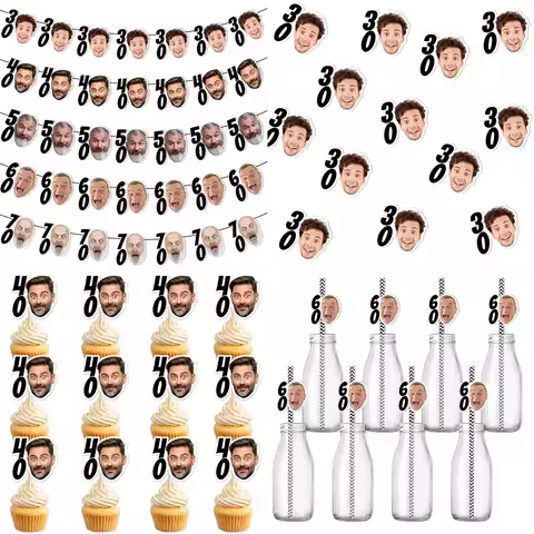 Custom 30 40 50 60 70 Years Birthday Photo Banner Personalized 30th Birthday Favor Cupcake Topper St