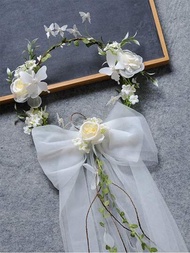1入新娘紗篷和花卉頭帶,歐式婚禮以玫瑰森林為靈感的仿花頭飾,優雅