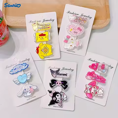 Sanrio Hello Kitty Hair Clip Set - 3-piece set of cute cartoon side clips for girls, durable acrylic