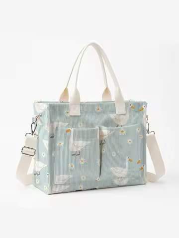 Cute White Duck & Daisy Print Corduroy Tote Bag Large Capacity Multi Pocket Commuter Shoulder Bag