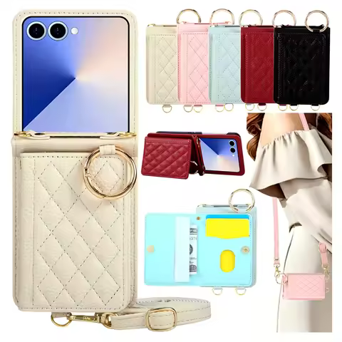Grid Crossbody Case for Samsung Z Flip 8 7 Fe 6 5 4 3 Flip7 Flip6 Flip5 Flip4 Leather Case Lanyard P