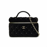 CHANEL 黑色絲絨鐳射標淺金扣25K水鑽Lp盒子包