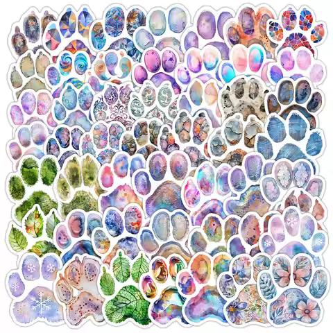 50PCS Watercolor Paw Print Graffiti Stickers - Cartoon Cat Footprint Decor for Water Cup & More Reco