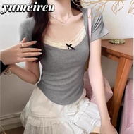 YUMEIREN Design Style Cropped Top, Korean Style Bow Lace Short Sleeve T-shirt, Fashion Lace Plain Bow Lace T-shirt Women