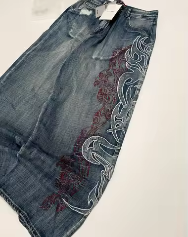 Street Fashion Y2K Asymmetrical Oversized Pattern High Waist Baggy Women Jean Vintage Harajuku Stree