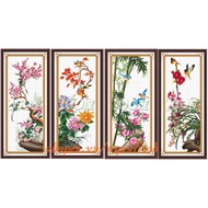 Cross-stitch painting Four Quarters Peach Chrysanthemum Truc Lan Complete set of 4 unembroidered pai