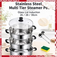 Stainless Steel Multi Tier Steamer Pot Glass Lid Induction 26 28 30cm