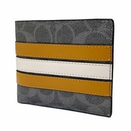 【COACH】C LOGO男款8卡附活動證件夾短夾(灰白黃橫紋)