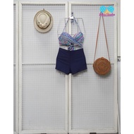 Swimsuit Set Bikini Women's Swimwear Bikini Boxer High Waist Criss Cross blue tribal and navy