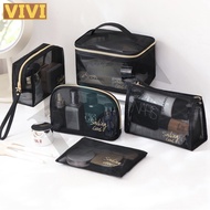 Transparent Black Mesh Zipper Cosmetic Bag / Women Waterproof Hand-held Makeup Bags / Travel Portabl