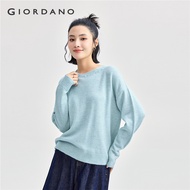 Giordano Women Sweaters Soft Knitted Sweater Woven Tape Picot trims Round Neck Hooded Knitted Pullov