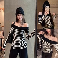 BEAUTIFUL FALL-Winter FLAT-Shoulder Horizontal Plaid T-SHIRT S6631