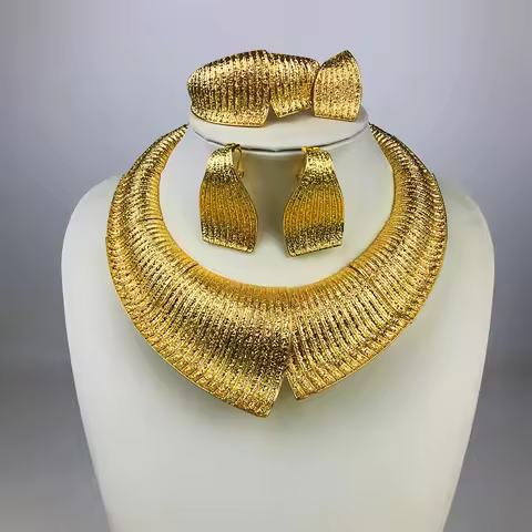 ESALE Italy 18k Gold Plated Women Jewelry Set Classic Two Tone Design Round Necklace Earrings Bangle