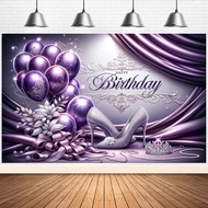 Purple Balloons Happy Birthday Backdrop for Photography Silver High Heels Birthday Party Decoration 