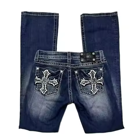 Retro Miss Me Boot Cut Jeans Women Y2K New Gothic Blue Denim Embroidery Cross Pocket Hip Hop Harajuk