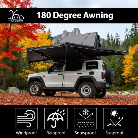 Younghunter 180 Degree Free Standing Camping Fan Side Tent SUV Car Side Awning with LED Bars Foxwing
