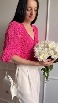 三 வண்ணப்பூச்சு燈籠袖華夫格針織上衣 玫瑰色手工開襟外套 棉質夏季上衣