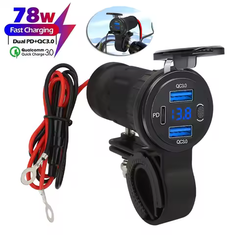 78W 3 Ports Dual PD+QC3.0 Phone Charger Motorcycle USB Socket Waterproof Handlebar Mounting Bracket 