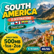 South America 8 Countries Daily Travel eSIM 5-15 Days 500MB/1GB/2GB/Day High-Speed Data Prepaid eSIM