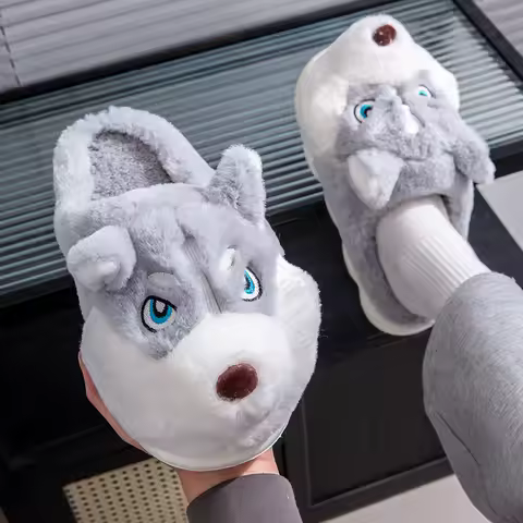 New Unisex Husky Cartoon Slippers Winter Plush Lined Anti-Slip Indoor Home Shoes Warm Comfortable Co