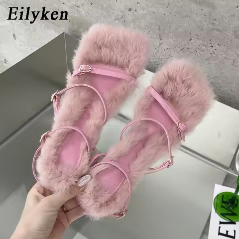 Eilyken 2026 New Brand Plush Fur Fuzzy Sandals Women Thin Heels Fashion Square Toe Ankle Lace Up Buc