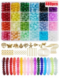 480 piezas de cuentas de vidrio para hacer joyas, kit de fabricación de pulseras, collares y aretes, de 8 mm y 24 colores de cuentas de cristal, 1 caja de cuentas redondas para principiantes con cuentas accesorias para hacer pulseras y artesanías DIY, regalos de cumpleaños y vacaciones