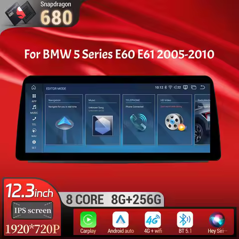 12.3 inch Android 13 For BMW 5 Series E60 E61 2005-2010 Car Radio 4G Wireless BT Carplay Snapdragon 