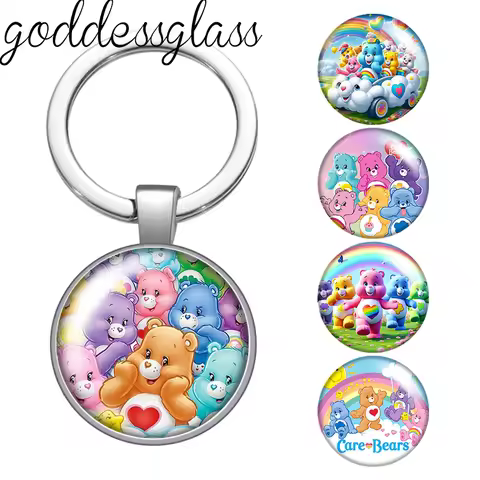 Care Bears cartton bear rainbow photo glass cabochon keychain Bag Car key chain Ring Holder Charms k