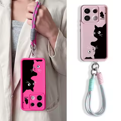 For Xiaomi 14T 13T 15 Pro Redmi 14C Note 14 Pro Plus Poco f6 m6 C75 Cartoon Black Cat Wrist Chain Ha