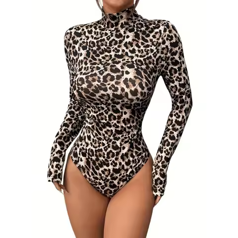 Women'S Fitted Leopard Print Long Sleeve Turtleneck Comfortable Bodysuit