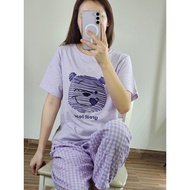 Bộ in hình gấᴜ tay ngắn thun cotton  quần BAGGY vải đũi nhập ANHSTORE  Set nữ tay ngắn quần dài caro