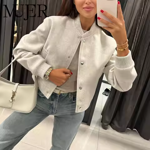 MUJER 2025 Women Jacket Cropped Bomber Jackets For Women Beige Black Tweed Jacket Woman Fashion Long