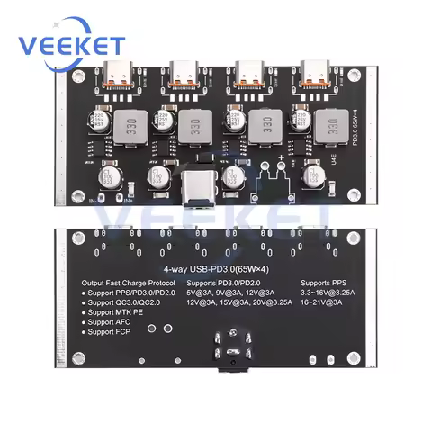 65W PD Fast Charging Module 4-Way Type-C with QC3.0 FCP AFC Support Over-Current Protection Charger 