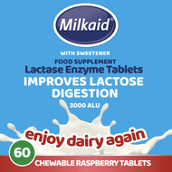 Milkaid Lactase Enzyme | Fast Acting | Raspberry Flavour 60 Chewable Tablets