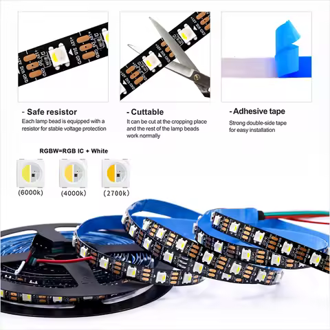 Sk6812 DC 12V RGBW RGBWW 5050SMD independently addressable 30/60/144 LEDs/m IP30/65/67 black/white P