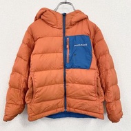 古著Mont-Bell Colorado 羽絨服，雙面可穿，90% 羽絨，橙色和藍色，尺寸 140