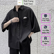 Áo Sơ Mi Form Rộng Vải Lụa Có TÚI HOA CÚC Tay Ngắn Màu Trắng Đen OVERSIZE Nam Nữ Chuẩn Form Hàn Quốc
