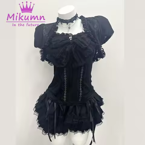 Mikumn Gothic Lolita Black Lace 3 Piece Set Women Puff Sleeve Cardigan+Bow Cami Top+Cake Mini Skirt 