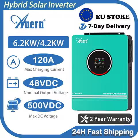 Anern Solar Hybrid Inverters 6.2KW 4.2KW 24V 48V With MPPT 140A Charger Controller Dual AC Output Pu