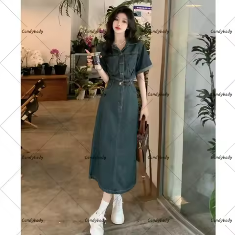 Retro Hong Kong style cowboy dress summer niche design high-end temperament French short-sleeved lon