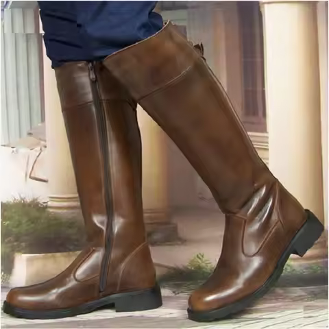 Spring Autumn Men Full Grain Leather High Equestrian Boots Winter Male Zip Plush Long Knight Booties